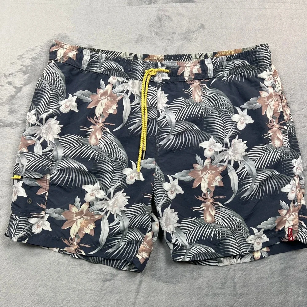Tommy Bahama Swim Trunks Mens XXL Navy Blue Tropical Floral Palm Cargo Shorts